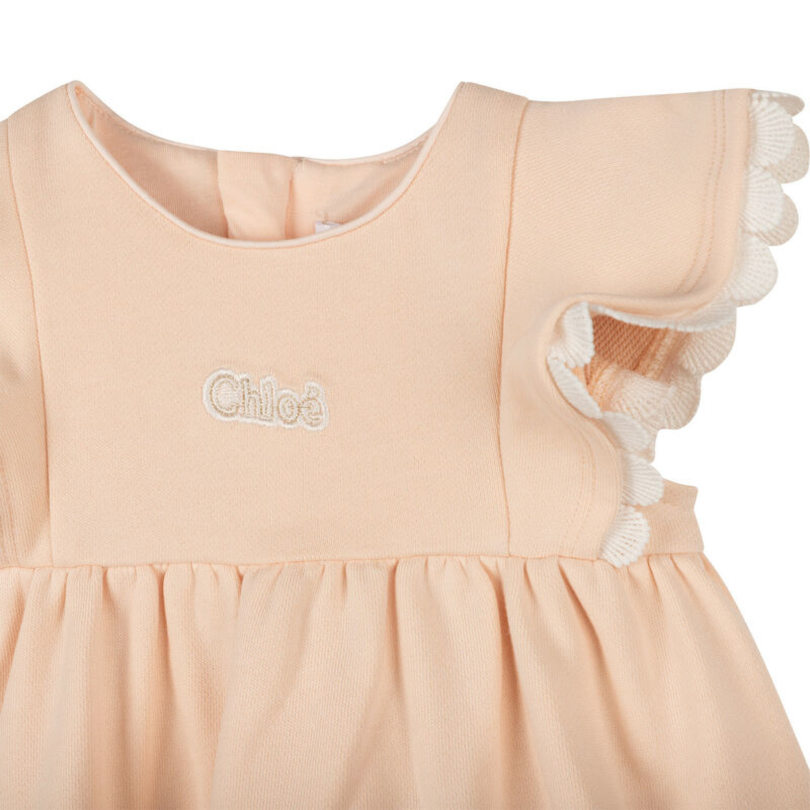 Chloe Chloe - Short-sleeved dress in organic cotton fleece with scalloped guipure trim