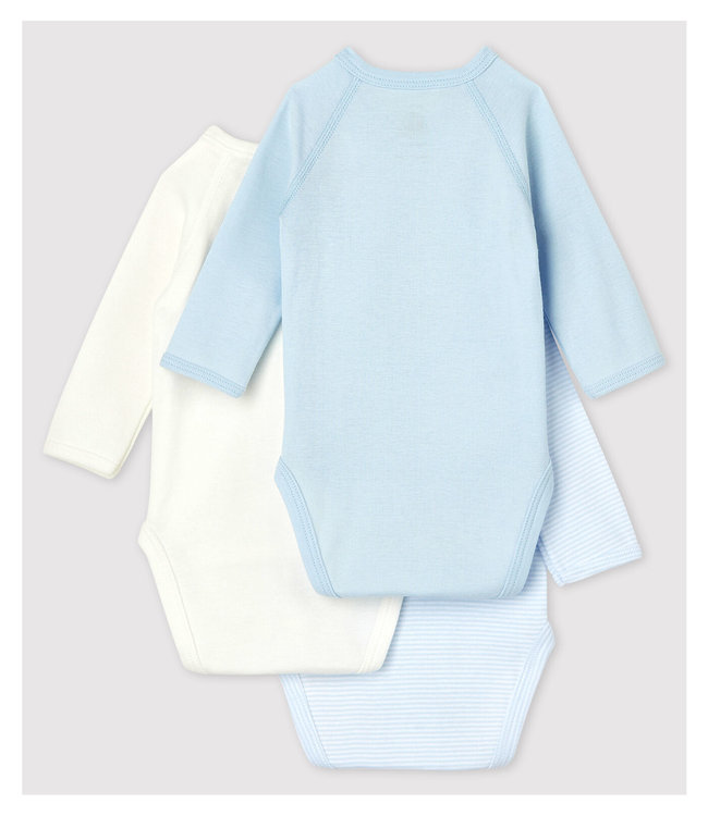 Petit Bateau Petit Bateau - BABIES' PINSTRIPED LONG-SLEEVED WRAPOVER ORGANIC COTTON BODYSUITS - 3-PACK