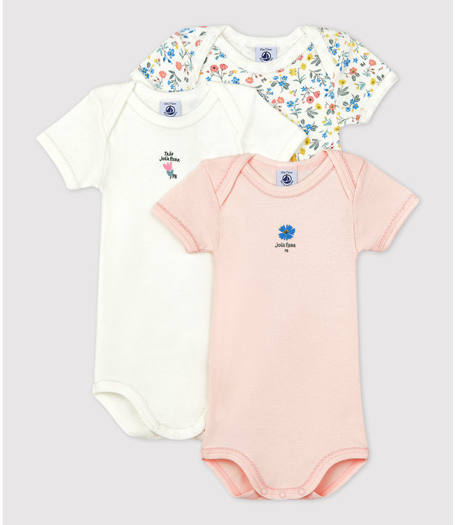 Petit Bateau Petit Bateau -BLUE HEART PATTERNED SHORT-SLEEVED COTTON BODYSUITS - 3-PACK