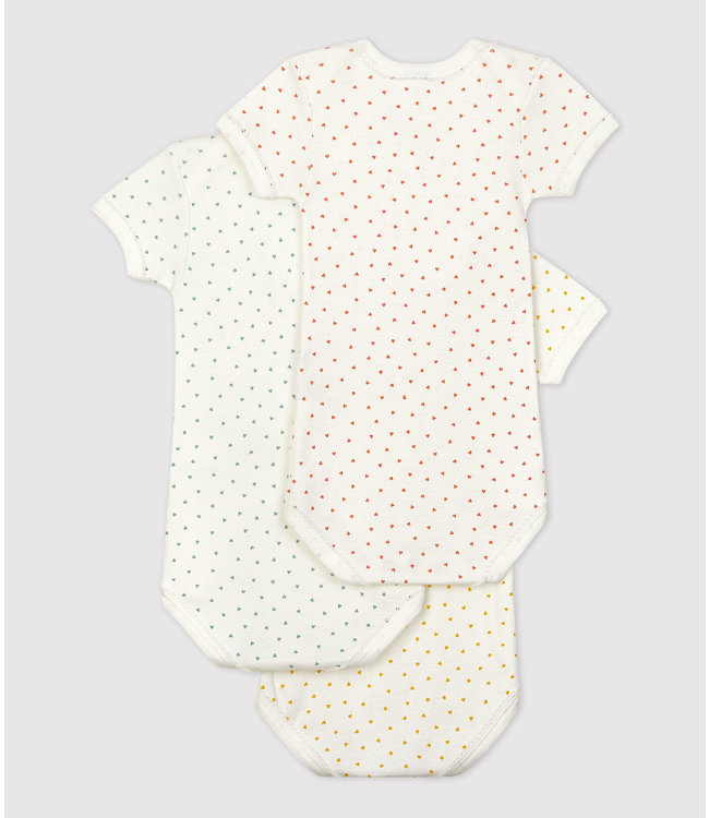 Petit Bateau Petit Bateau - HEART PATTERNED SHORT-SLEEVED COTTON BODYSUITS - 3-PACK