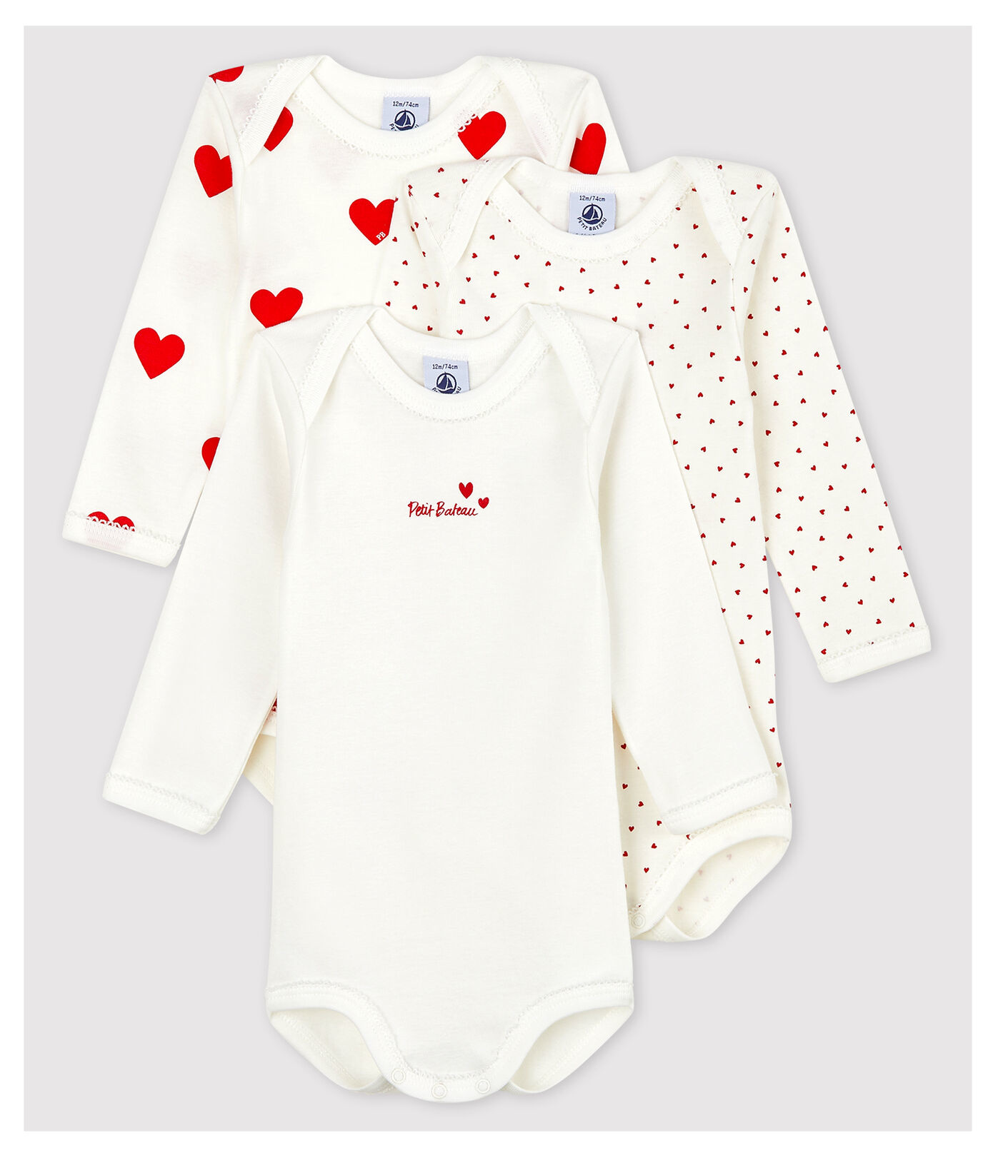 Petit Bateau SET OF 3 BODIES LONG SLEEVES BABY HEART COTTON - igloobaby