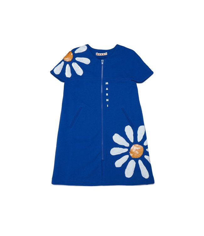 Marni Marni - Blue fleece dress with floral daisy print and sequin appliquÃ©