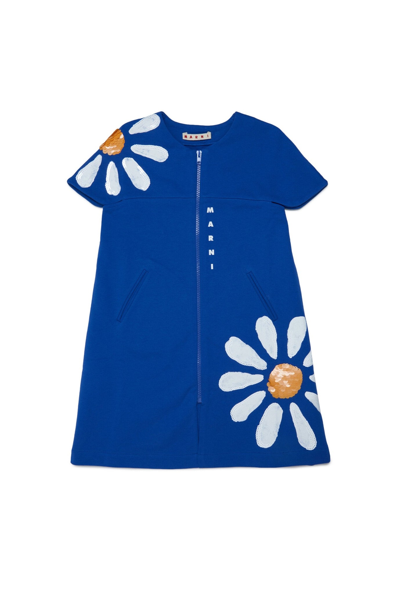 Marni - Blue fleece dress with floral daisy print and sequin