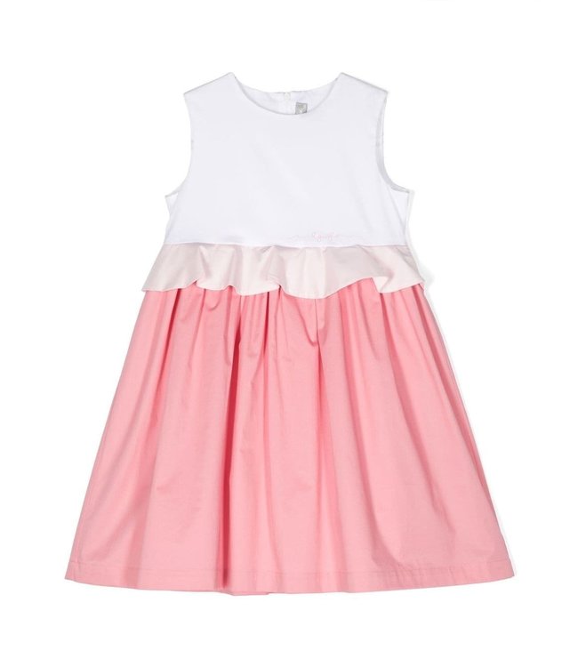 Il Gufo IL GUFO-White Pink Ruffled-detail Sleeveless Dress