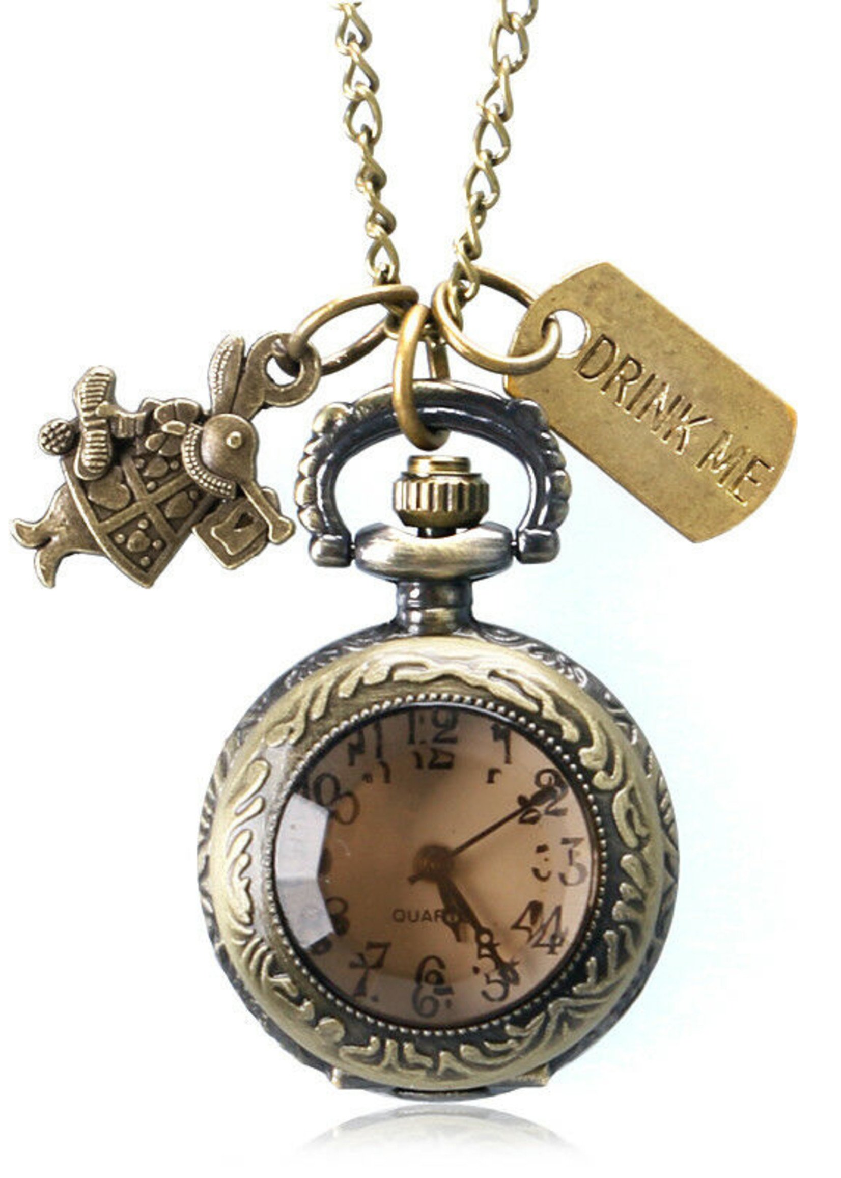 Alice In Wonderland Drink Me Antique Bronze Pocket Watch Necklace