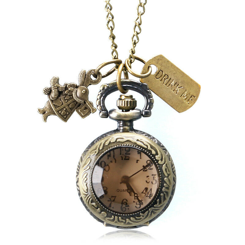 Alice in Wonderland Mad Hatter Rabbit Drink Me Tag Quartz Pocket Watch Dark  Brown Glass Necklace Pendant Gifts for Women Girls - Price history & Review