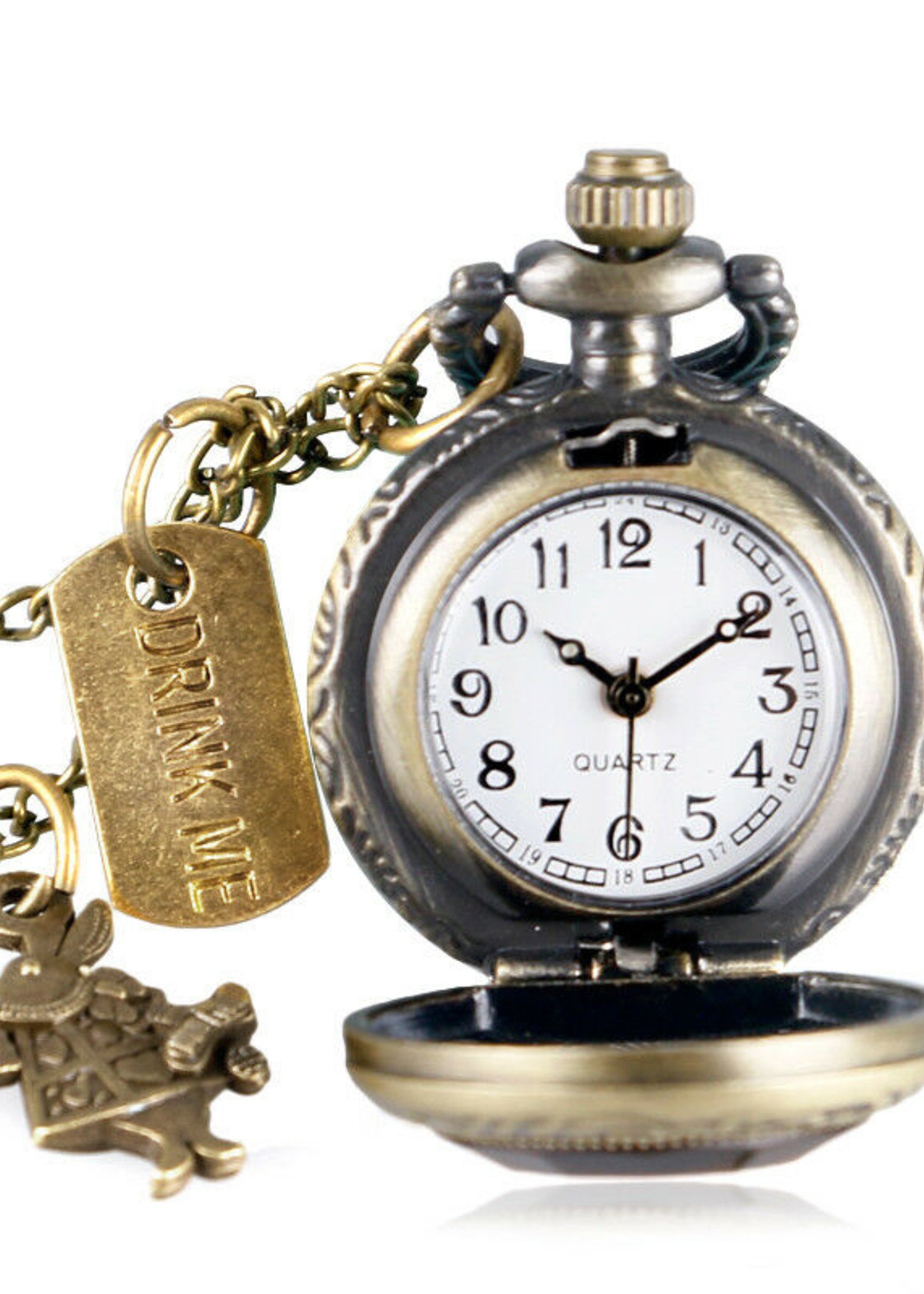 Alice In Wonderland Drink Me Antique Bronze Pocket Watch Necklace