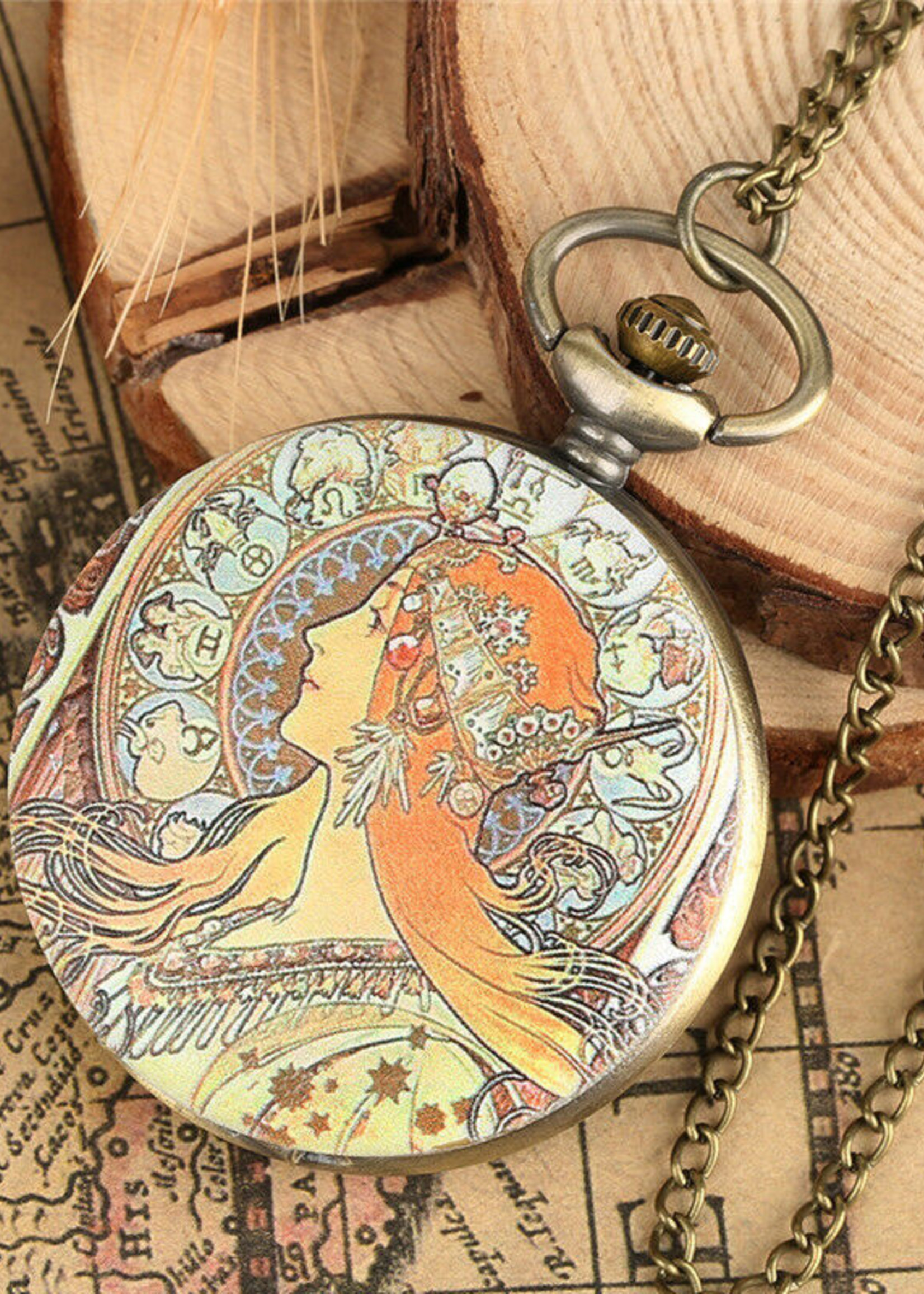 Alphonse Mucha Zodiac  Bronze Pocket Watch Necklace