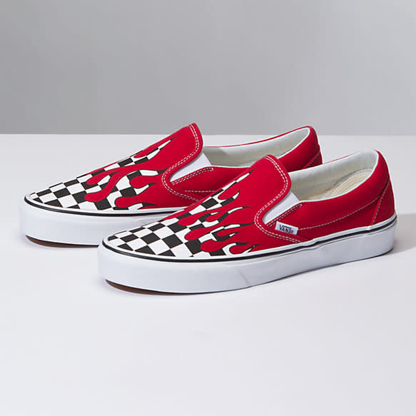 red slip on checkered vans