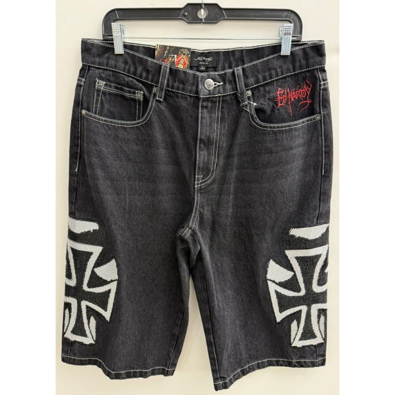Ed Hardy Ed Hardy - Crosses Long Denim Rhinestone Shorts - Y2K Black -