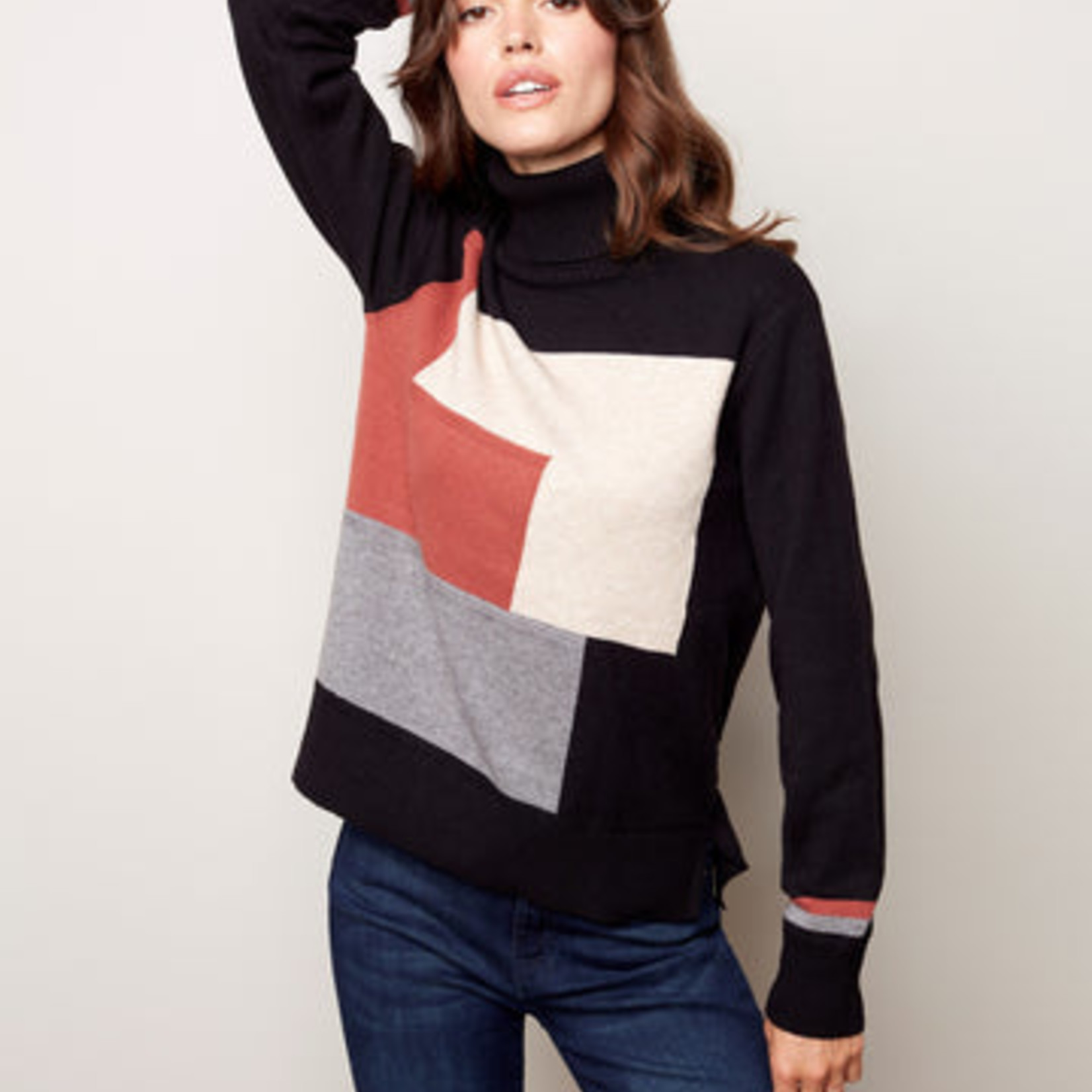 Color Block Turtleneck Sweater - Spice