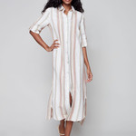 Charlie B Clay Stripe /3/4 slv long Tunic Dress Linen/cotton