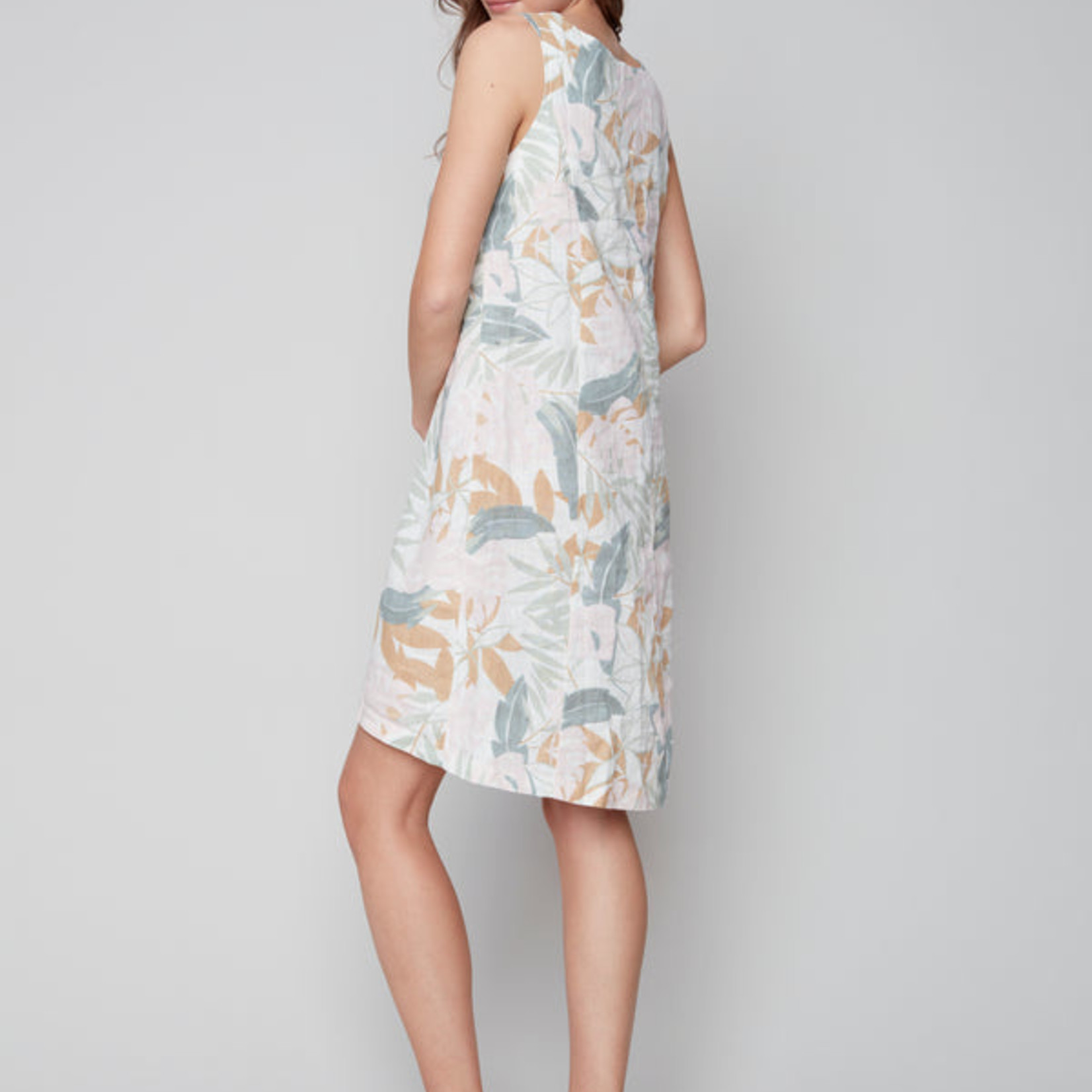 Charlie B Svless Print Linen Dress/Coconut Button /Celadon