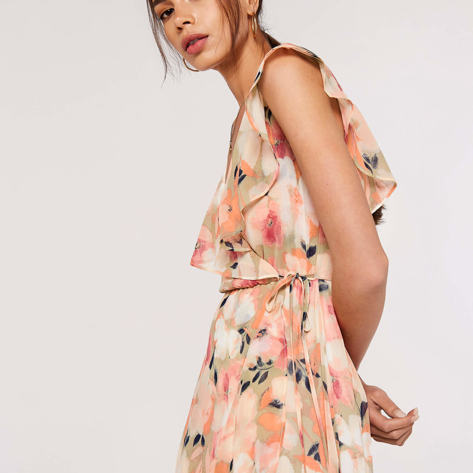 Apricot Collections Blurred Floral Ruffle Wrap Dress /Peach