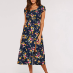 Apricot Collections Bright Navy  Floral Milkmaid Midi Dress