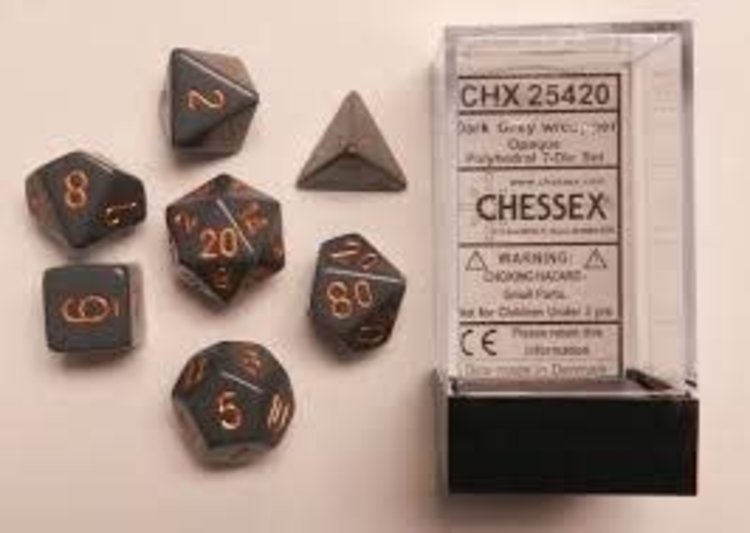 CHESSEX CHX 25420 7 PC POLY DICE SET OPAQUE DARK GREY/COPPER