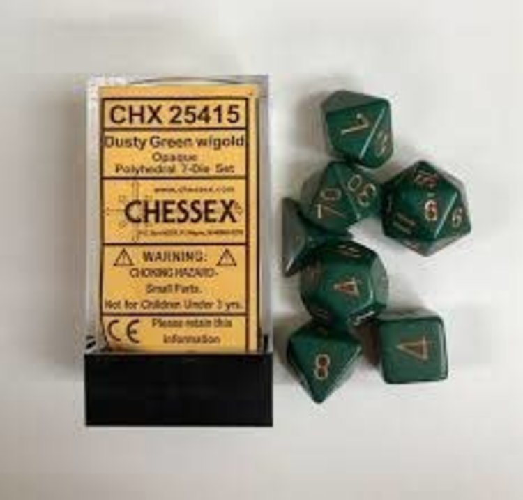 CHESSEX CHX 25415 7 PC POLY DICE SET OPAQUE DUSTY GREEN W/ GOLD