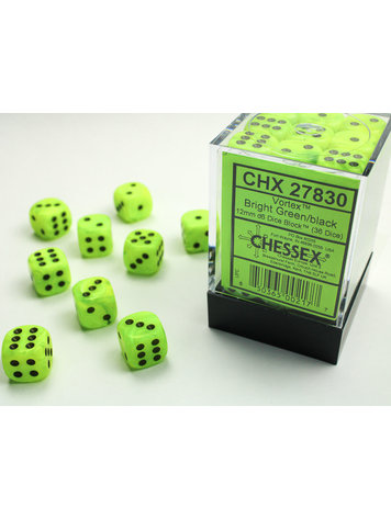 CHESSEX CHX 27830 12MM D6 DICE SET VORTEX BRIGHT GREEN W/BLACK