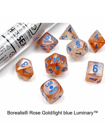 CHX 30045 LAB DICE 7 PC POLY DICE SET LUMINARY ROSE GOLD/LIGHT BLUE