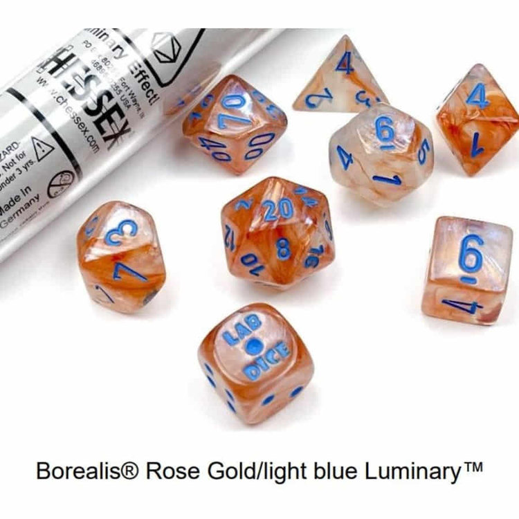 CHX 30045 LAB DICE 7 PC POLY DICE SET LUMINARY ROSE GOLD/LIGHT BLUE