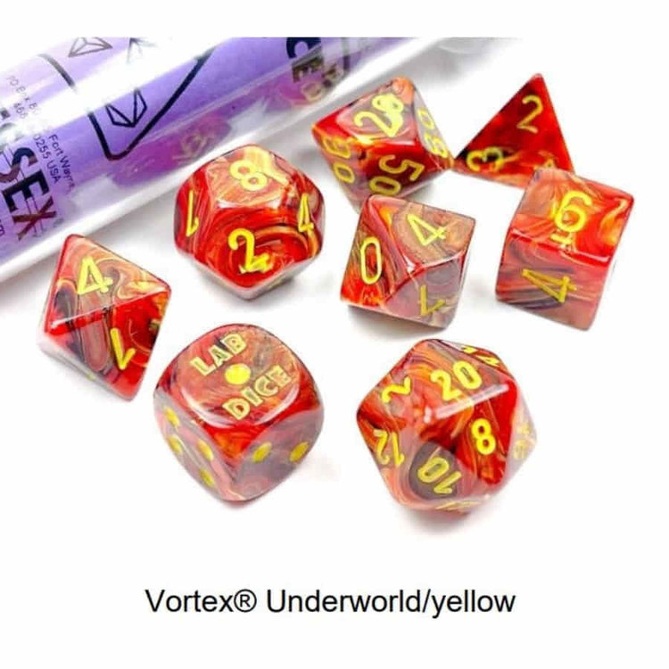 CHX 30050 LAB DICE 7 PC POLY DICE SET VORTEX UNDERWORLD/YELLOW