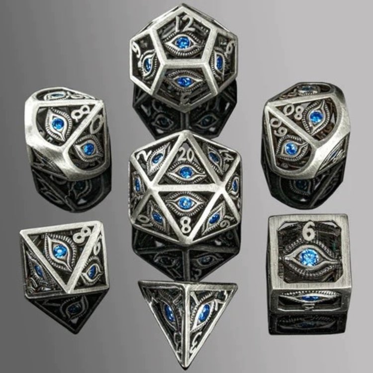 HYMGHO HYMGHO DRAGON'S EYE HOLLOW METAL DICE SET - AQUA BLUE GEMS