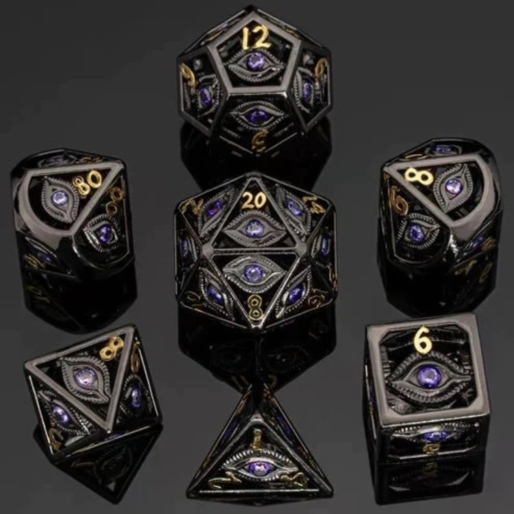 HYMGHO HYMGHO DRAGON'S EYE HOLLOW METAL DICE SET - PURPLE GEMS