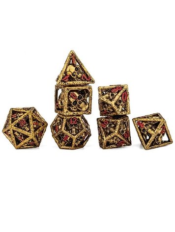 HYMGHO HYMGHO SKULL'S GRIN HOLLOW METAL DICE SET - GOLD WITH RED