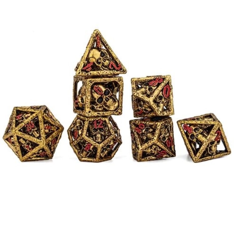 HYMGHO HYMGHO SKULL'S GRIN HOLLOW METAL DICE SET - GOLD WITH RED