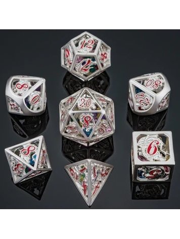 HYMGHO HYMGHO HOLLOW DRAGON POLYHEDRAL DICE SET FILLED WITH GEMS - SILVER