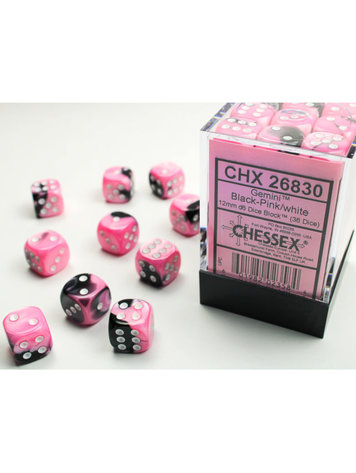 CHESSEX CHX 26830 12MM D6 DICE BLOCK PINK BLACK W/WHITE GEMINI