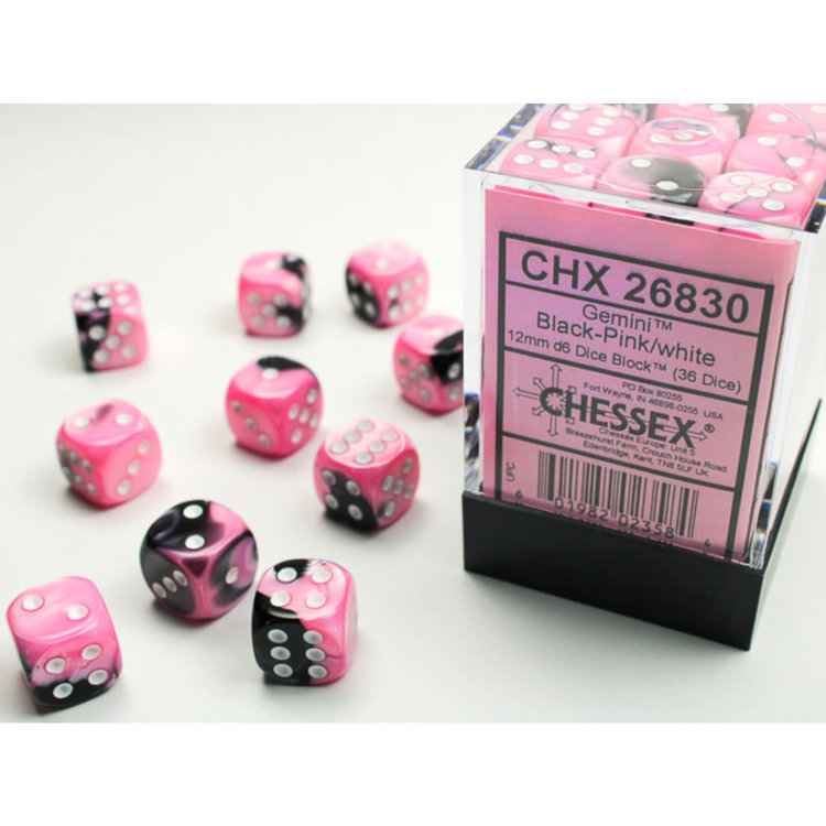 CHESSEX CHX 26830 12MM D6 DICE BLOCK PINK BLACK W/WHITE GEMINI