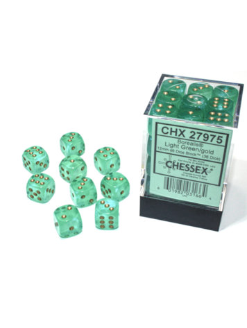 CHESSEX CHX 27975 12MM D6 BOREALIS LIGHT GREEN/GOLD LUMINARY DICE