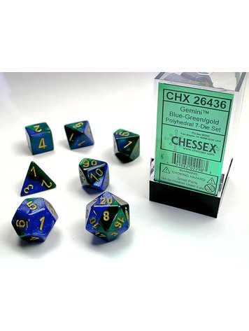 CHESSEX CHX 26436 7 PC POLY DICE SET BLUE GREEN /GOLD GEMINI