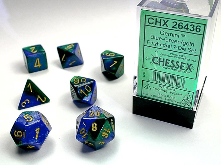 CHESSEX CHX 26436 7 PC POLY DICE SET BLUE GREEN /GOLD GEMINI