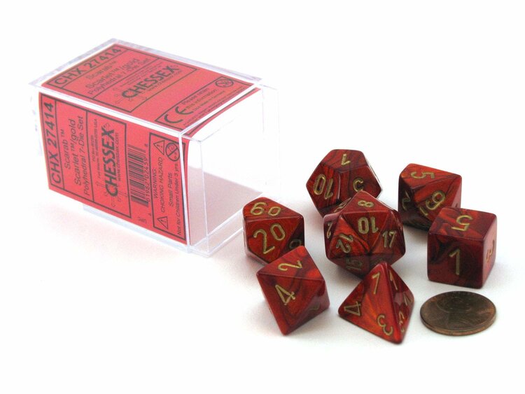 CHESSEX CHX 27414 7 PC POLY DICE SET SCARAB SCARLET W/GOLD