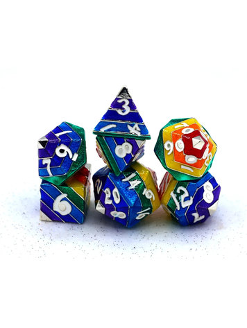 HYMGHO HYMGHO RAINBOW PRIDE SOLID METAL DICE SET 7 DIE SILVER WITH WHITE LETTERING