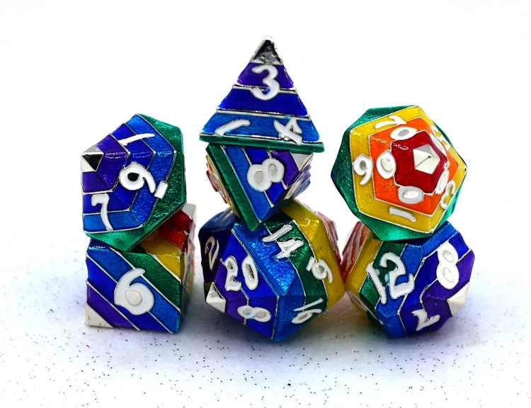 HYMGHO HYMGHO RAINBOW PRIDE SOLID METAL DICE SET 7 DIE SILVER WITH WHITE LETTERING