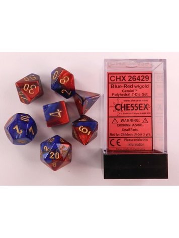 CHESSEX CHX 26429 7 PC POLY DICE SET BLUE W/ RED GEMINI