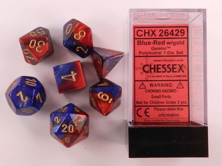 CHESSEX CHX 26429 7 PC POLY DICE SET BLUE W/ RED GEMINI