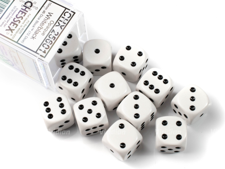 CHESSEX CHX 25601 16MM D6 DICE BLOCK WHITE W/BLACK OPAQUE