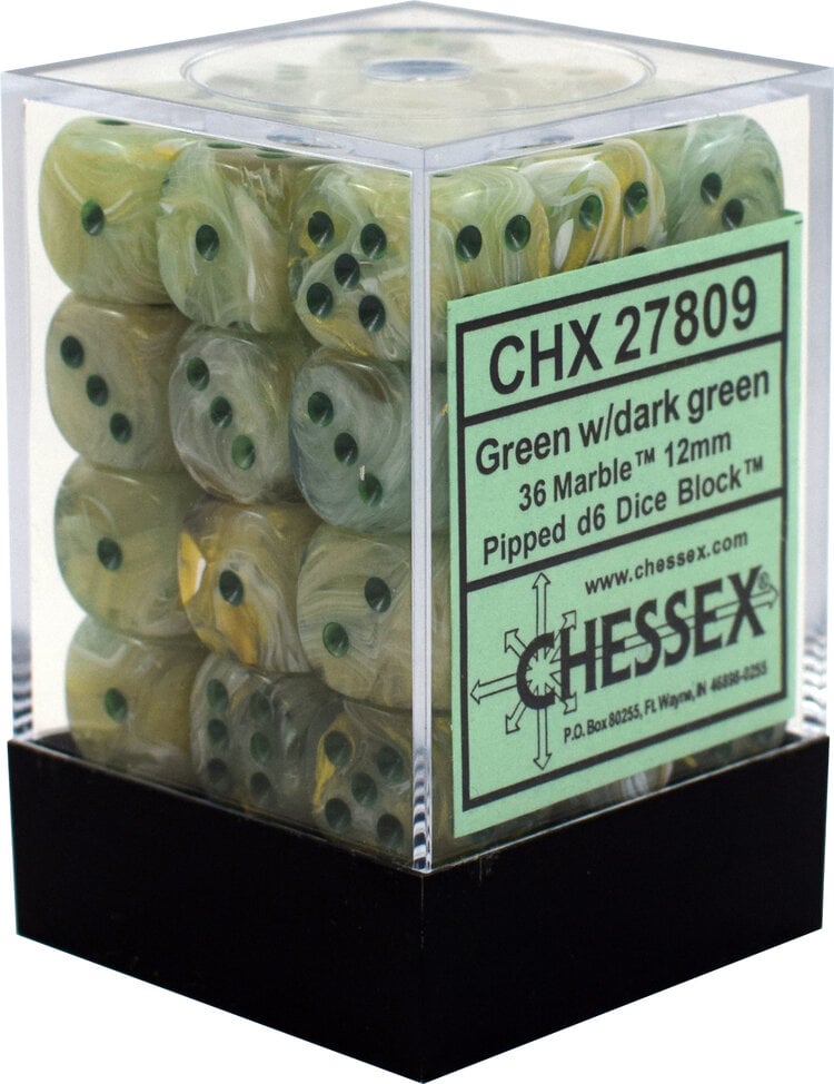 CHESSEX CHX 27809 12MM D6 DICE BLOCK MARBLE GREEN W/DARK GREEN