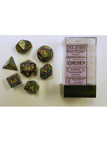 CHESSEX CHX 27450 7 PC POLY DICE SET FESTIVE MOSAIC W/YELLOW