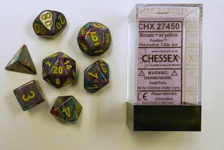 CHESSEX CHX 27450 7 PC POLY DICE SET FESTIVE MOSAIC W/YELLOW