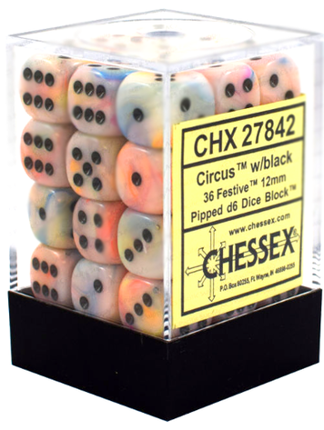 CHESSEX CHX 27842 12MM D6 DICE BLOCK FESTIVE CIRCUS W/BLACK