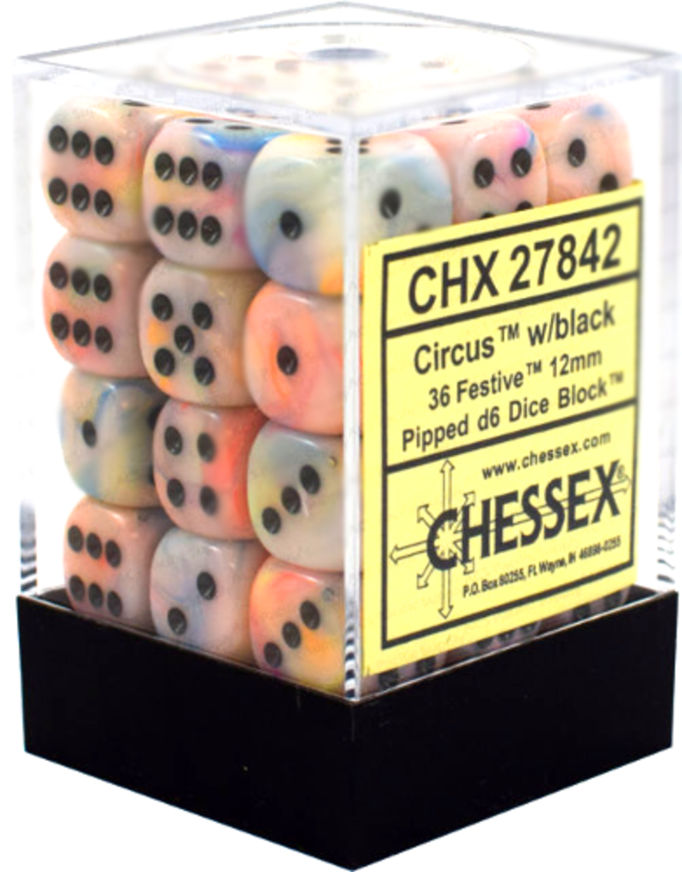 CHESSEX CHX 27842 12MM D6 DICE BLOCK FESTIVE CIRCUS W/BLACK