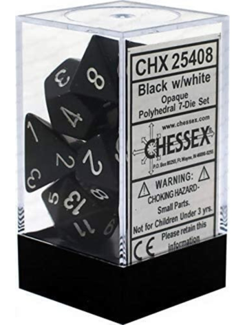 CHESSEX CHX 25408 7 PC POLY DICE SET OPAQUE BLACK W/ WHITE