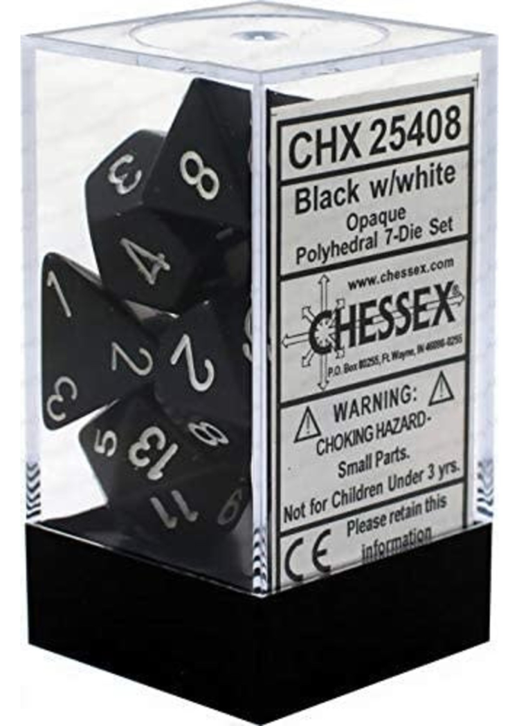CHESSEX CHX 25408 7 PC POLY DICE SET OPAQUE BLACK W/ WHITE