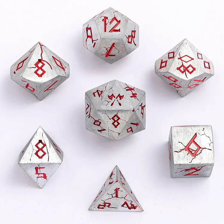 HYMGHO HYMGHO METAL BARBARIAN DICE POLYHEDRAL SET MATT SILVER WITH RED