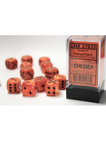 CHESSEX CHX 27633 16MM D6 DICE SET VORTEX ORANGE W/BLACK